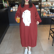 2024春季韩国东大门大码女装卡通小熊蝙蝠袖中长款套头卫衣裙棉