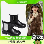 snoffy斯纳菲女童皮靴，加绒保暖2022秋冬儿童，防滑短靴宝宝童靴