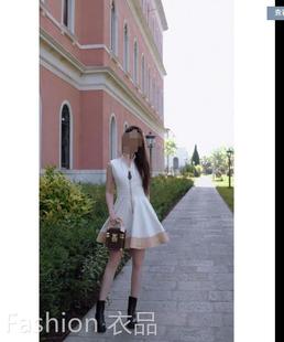 香港欧洲刘亦菲同款白色无袖立领背心连衣裙金色拉链修身大摆褶裙
