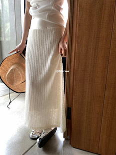 METWO 光感拼接白色蕾丝半身裙女早春高腰垂感直筒裙子 08012