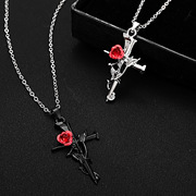 欧美哥特式红玫瑰十字架项链女 ins风复古合金荆棘玫瑰吊坠锁骨链