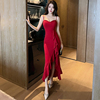 宴会晚礼服女夏高贵优雅气质性感抹胸吊带，修身长款红色连衣裙
