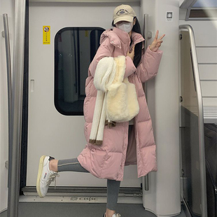 粉色面包羽绒棉服服女2023冬季加厚保暖中长款过膝连帽外套