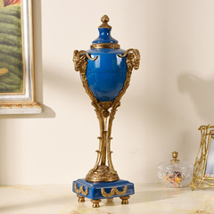 欧式创意铜羊头工艺品装饰美式蓝色陶瓷客厅玄关别墅书房软装摆件