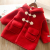 22冬季女童韩版洋气呢大衣中长款加绒加厚新年圣诞大红色连帽外套