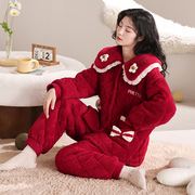 冬季睡衣女三层空气夹棉红色珊瑚绒家居服结婚套装长袖加厚保暖冬