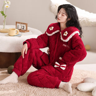 冬季睡衣女三层空气夹棉红色珊瑚，绒家居服结婚套装，长袖加厚保暖冬