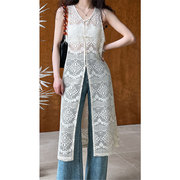 新中式国风无袖盘扣蕾丝背心，裙镂空钩花中长款罩衫，叠穿连衣裙