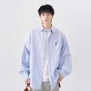 美式条纹长袖衬衫男春季潮牌宽松外套高街笑脸刺绣情侣学院风衬衣