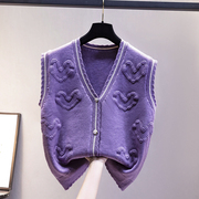 针织马甲v领背心，2023秋季宽松外穿女士紫色，马夹毛衣开衫外搭