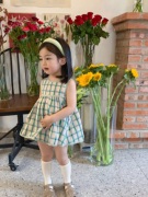 幼宜baby女童夏季娃娃衫，套装小清新绿色格子，背心裙面包裤套装