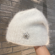 兔毛毛线帽子2023年女冬季时尚水钻花朵针织帽户外保暖冷帽潮