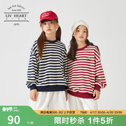 日本livheart女童圆领条纹卫，衣女加厚2024儿童，长袖上衣大童