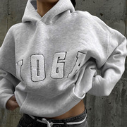 欧美女士衬衫街头休闲灰色绣花YOGA字母印花宽松连帽卫衣hoodie