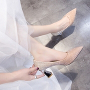 拍婚纱照用的鞋子浅色高跟鞋女粗跟主纱结婚鞋子新娘水晶中跟单鞋