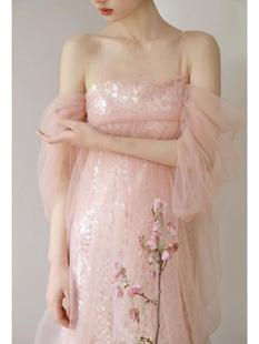 新中式晨袍女高级感粉色抹胸网纱连衣裙气质超仙结婚轻纱晚礼服裙