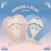 BAO0016 BURGER and OLAF 冰淇淋色 复古拼色美式插肩长袖T恤