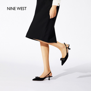 Nine West/玖熙夏季凉鞋女蝴蝶结绒面低跟系带仙女风女鞋