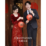 新娘酒(新娘酒)红色敬酒服2023冬季丝绒长袖，订婚礼服高级感结婚连衣裙