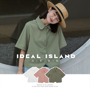 理想岛 日系纯色短袖衬衫女设计感夏季宽松小众衬衣别致文艺开衫