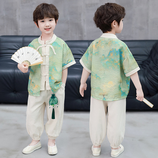 童装男童时尚山水画假两件汉服套装2024夏季中国风国潮两件套