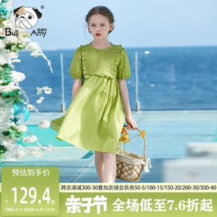 女童法式连衣裙纯棉2024夏季洋气圆领儿童公主裙绿色短袖裙子
