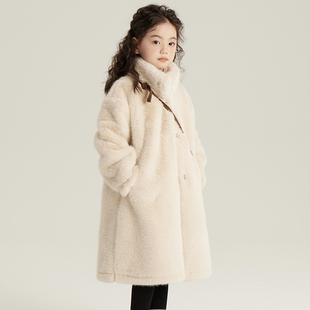 女童长款仿皮草大衣毛绒，外套加厚保暖皮毛一体，儿童毛毛大衣水貂绒
