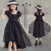 女童夏季连衣裙2023夏装洋气，黑色蓬蓬纱前短后长，燕尾礼服裙子