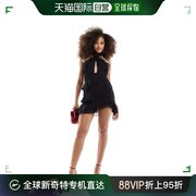 香港直邮潮奢 ASOS 女士 bias 设计挂脖迷你剪口褶边连衣裙(黑色)