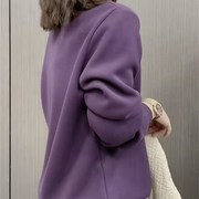 韩国紫色圆领加绒卫衣女，秋冬时尚印花宽松休闲显瘦加厚外套潮