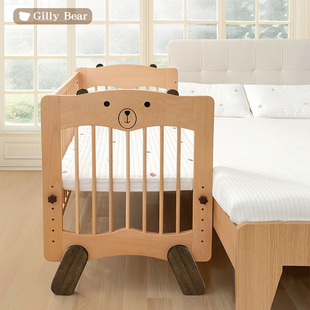 宝宝床婴儿床实木多功能拼接大床可移动新生bb床带滚轮0-3岁无漆