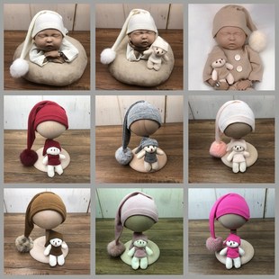 新生儿摄影长尾巴帽子大球帽婴儿，满月宝宝拍照道具月子照男女童帽