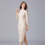 200斤大码重工艺刺绣中国风，旗袍改良复古潮流长袖蕾丝气质连衣裙
