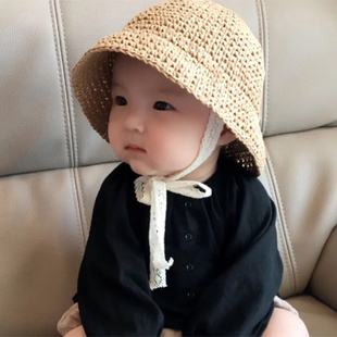 ins夏款儿童草帽宝宝，0-2岁遮阳帽婴儿，防晒帽蕾丝系带亲子帽子