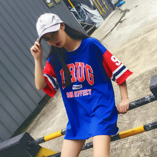 原宿bf风短袖t恤女夏季韩版宽松学生，字母中长款连衣裙棒球篮球服