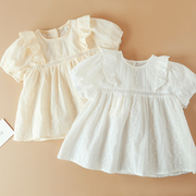儿童花边衬衫薄款夏季女童短袖娃娃，衫上衣洋气纯棉，小衫宝宝白衬衣(白衬衣)