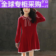 欧洲女童连衣裙长袖秋冬儿童洋气红色，毛衣裙(毛，衣裙)中大童大码胖