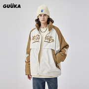 GUUKA米白色拼接格纹棉衣男冬季潮 防风袖口高领棉服外套宽松