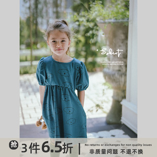 史豌豆女童连衣裙夏装2023儿童泡泡袖短袖裙子宝宝时髦休闲裙