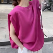 玫红色欧货设计感小众时髦圆领无袖T恤女夏季新款宽松大码上衣