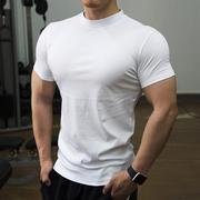 纯棉短袖t恤男高领肌肉运动健身训练弹力紧身衣纯色速干上衣半袖