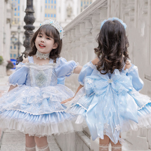 kw家女童艾莎公主裙，洛丽塔夏季冰雪，奇缘蓝色蓬蓬裙生日礼服连衣裙
