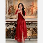 麓津自制《流动的盛宴》2023法式复古红色v领连衣，裙子夏季女