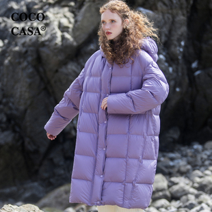 cococasa原创设计紫色欧货羽绒服女中长款2023冬新零鹅绒白色外套