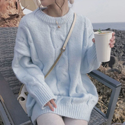 软奶蓝色套头毛衣女宽松外穿冬季2021洋气圆领温柔慵懒风上衣