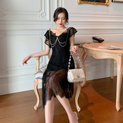 黑色蕾丝一字肩连衣裙夏季性感赫本风复古小众洋装小礼服平时可穿