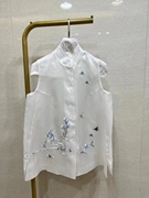 立领无袖单排扣重工刺绣设计纯色欧根纱，上衣女2023年夏季
