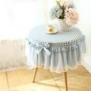 布布蕾丝水洗罩圆桌纯棉茶几圆桌家用圆形蓝色棉格子圆床头柜小