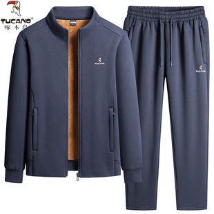 啄木鸟中年立领休闲套装男冬季加绒加厚运动服两件套爸爸卫衣外套