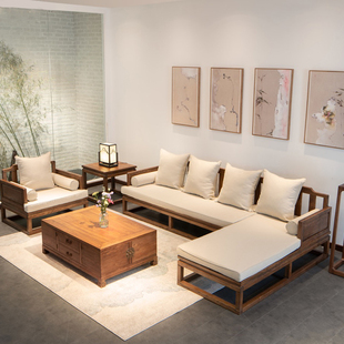 新中式实木沙发组合贵妃转角，木客厅老榆木样板房家具禅意现代简约